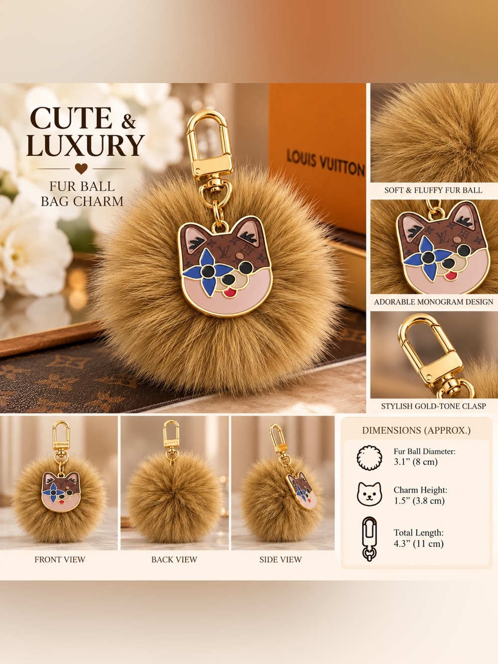 Brown Pom Pom Dog Key Charm